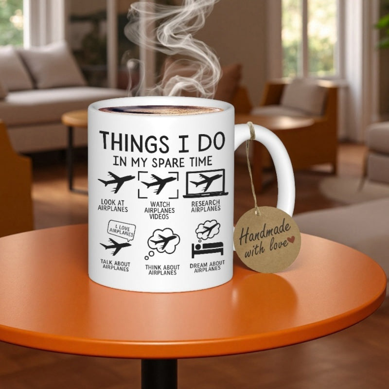 Tailorly White Ceramic 11 oz Mug - Things I Do In My Spare Time Minimalist Black Icons Highlighting Aviation Passion And Daily Hobbyist Activities Airplane