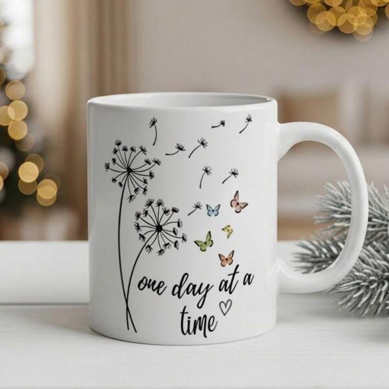 Tailorly White Ceramic 11 oz Mug - One Day At A Time Delicate Blossoming Dandelions Releasing Seeds Transforming Into Small Colorful Flying Butterflies Dandelion