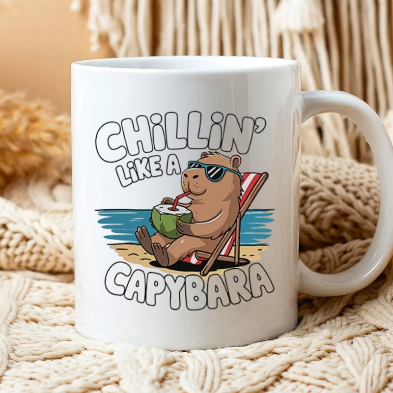Tailorly White Ceramic 11 oz Mug - Chillin Like A Capybara Relaxing Cartoon Animal Wearing Sunglasses Sitting On Beach Chair Capybara