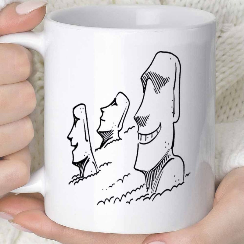 Tailorly White Ceramic 11 oz Mug - Minimalist Black Ink Style Illustrating Three Ancient Moai Easter Island Statue