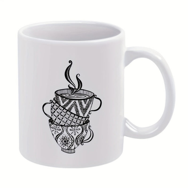 Tailorly White Ceramic 11 oz Mug - Ornate Patterned Artistic Hand Drawn Stacking Styles With Rising Steam Teacups