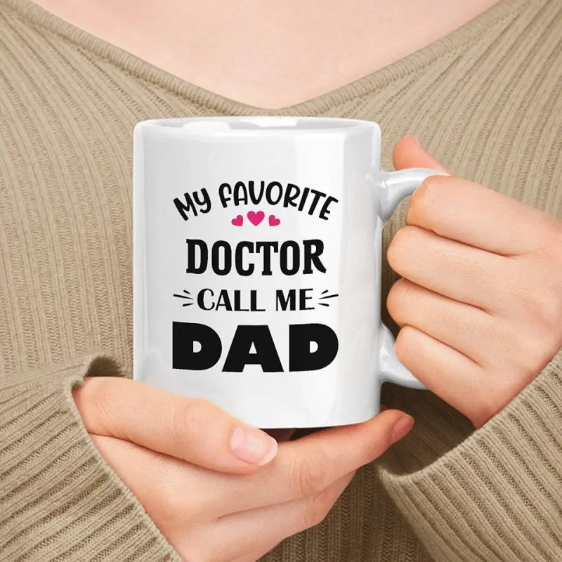 Tailorly White Ceramic 11 oz Mug - My Favorite Doctor Call Me Dad Minimalist White Ceramic With Pink Hearts Graphic Mug