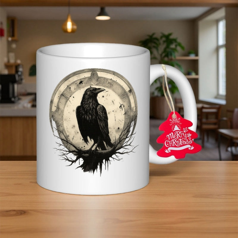 Tailorly White Ceramic 11 oz Mug - Majestic Black Bird Perched Among Gnarly Branches Inside Circular Vintage Frame Raven