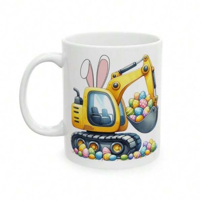 Tailorly White Ceramic 11 oz Mug - Yellow Construction Vehicle With Bunny Ears Scooping Colorful Easter Eggs In Spring Excavator