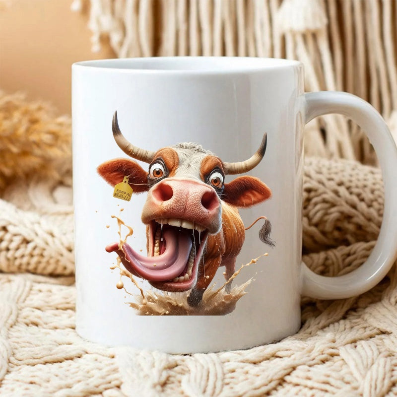 Tailorly White Ceramic 11 oz Mug - Funny Cartoon Design With Tongue Out Splashing Through Creamy Liquid Cow