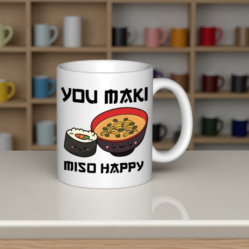 Tailorly White Ceramic 11 oz Mug - You Maki Miso Happy Cute Smiling Cartoon Sushi Roll And Bowl Of Hot Miso Soup Mug