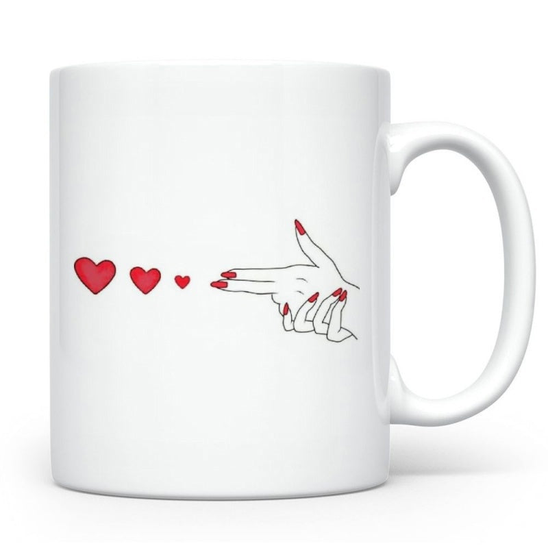 Tailorly White Ceramic 11 oz Mug - Minimalist Line Art Feminine Hand With Red Nails Firing Tiny Love Hearts Hand