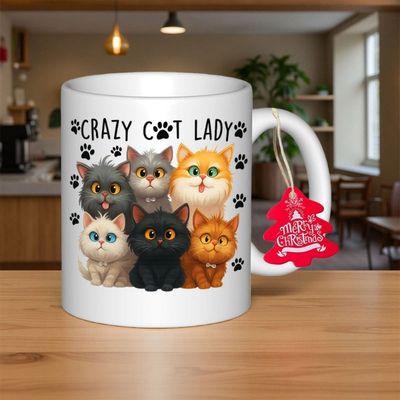 Tailorly White Ceramic 11 oz Mug - Crazy Cat Lady Six Adorable Colorful Cartoon Kittens Sitting Together In A Playful Group Cats