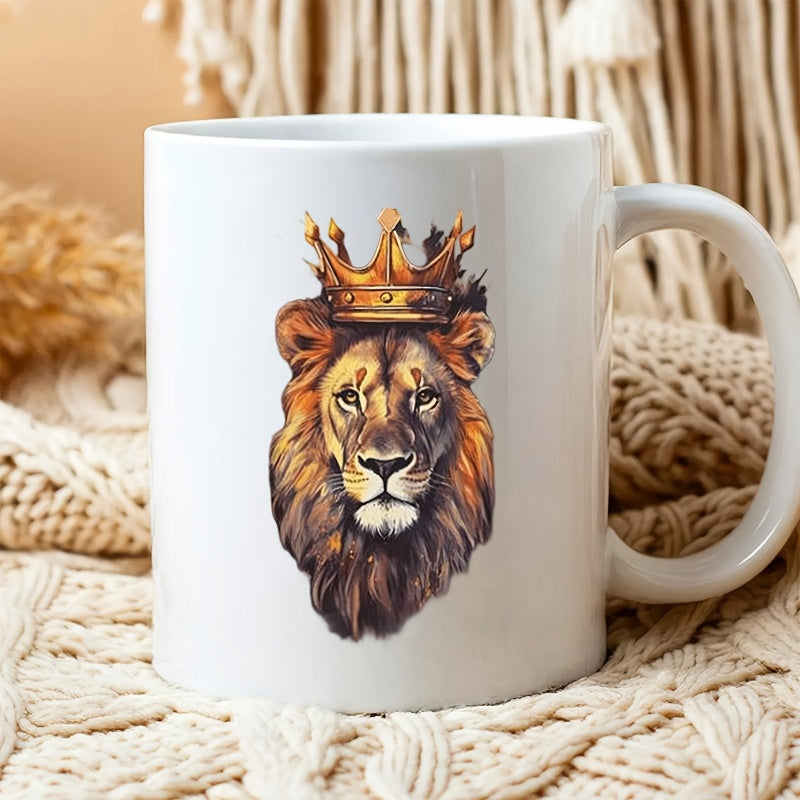 Tailorly White Ceramic 11 oz Mug - Majestic Golden Crown Resting Upon A Noble Royal Mane Within Wilderness Lion