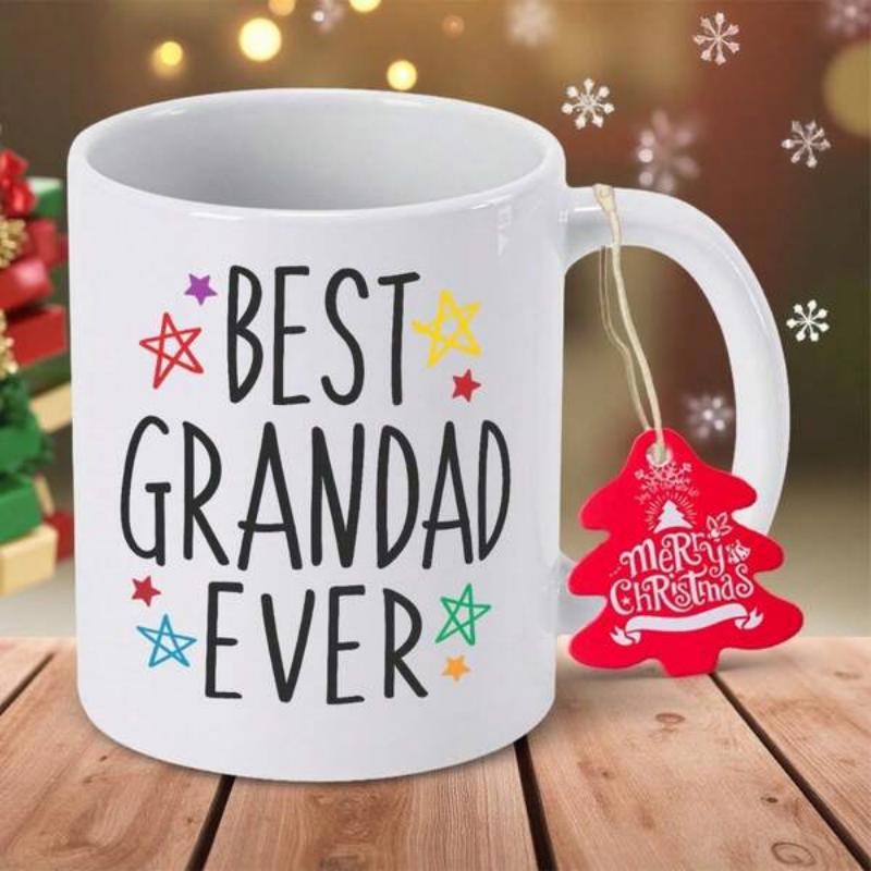 Tailorly White Ceramic 11 oz Mug - Best Grandad Ever Merry Christmas Colorful Hand Drawn Stars Scattered Around Festive Sentiment Ceramic Drinking Mug
