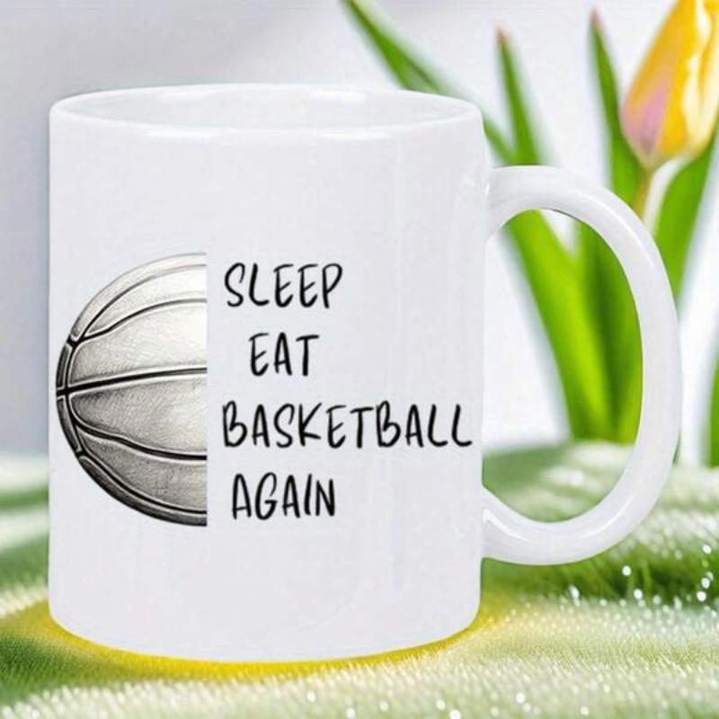Tailorly White Ceramic 11 oz Mug - Sleep Eat Basketball Again Minimalist Sketchy Sphere Outline Representing A Sport Themed Basketball
