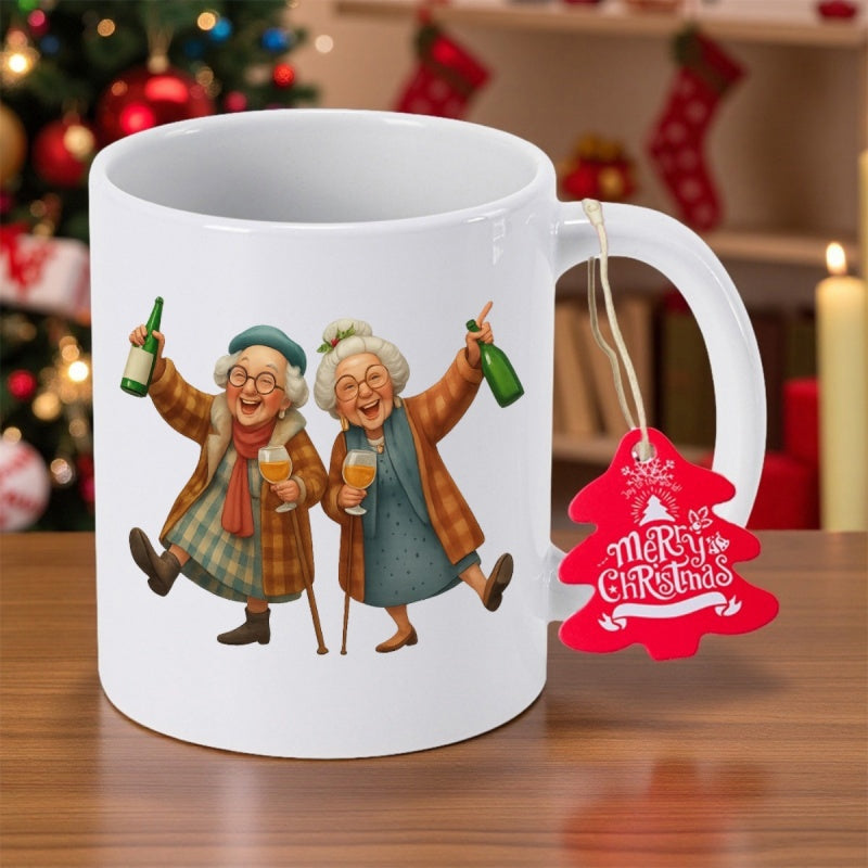Tailorly White Ceramic 11 oz Mug - Merry Christmas Two Cheerful Elderly Women Celebrating With Wine Bottles And Glasses Grandmothers