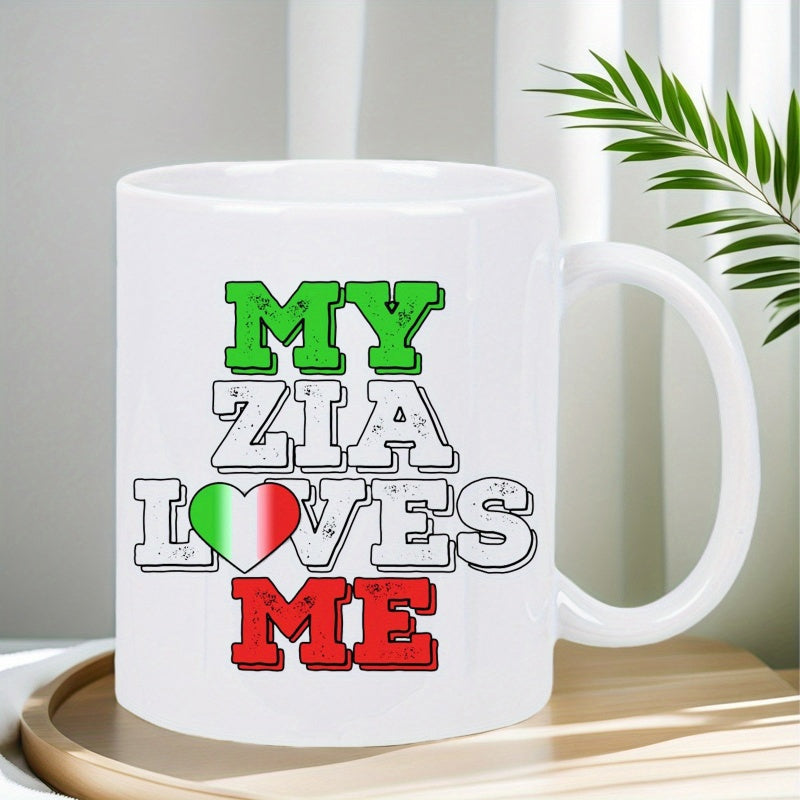 Tailorly White Ceramic 11 oz Mug - My Zia Loves Me Distressed Block Lettering Featuring A Heart Colored Like Italian Flag Mug
