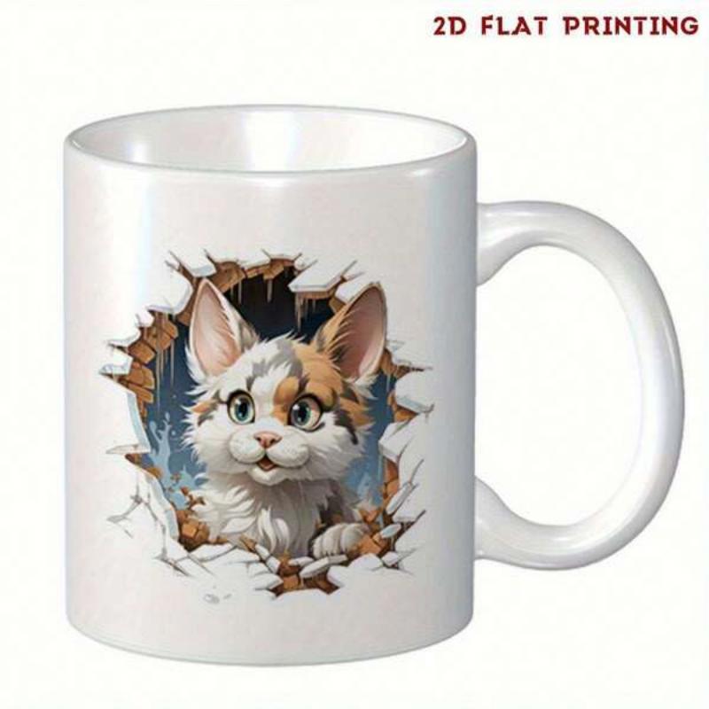 Tailorly White Ceramic 11 oz Mug - Playful Little Kitten Emerging From A Cracked Ceramic Wall Surface Cat