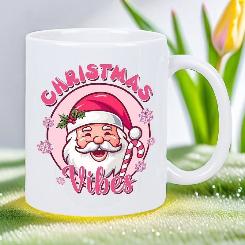 Tailorly White Ceramic 11 oz Mug - Christmas Vibes Smiling Cartoon Character Wearing Red Hat Surrounded By Snowflakes And Candy Santa Claus