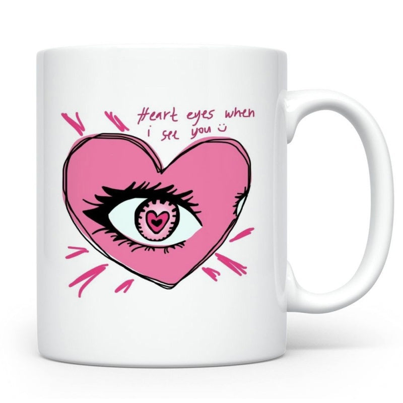 Tailorly White Ceramic 11 oz Mug - Heart Eyes When I See You Hand Drawn Pink Heart With Central Eye And Small Hearts Heart