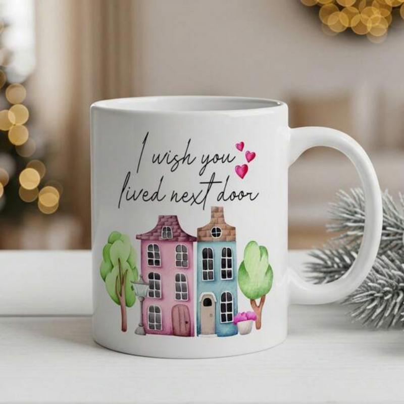 Tailorly White Ceramic 11 oz Mug - I Wish You Lived Next Door Charming Colorful Watercolor Houses With Green Trees And Pink Hearts Village