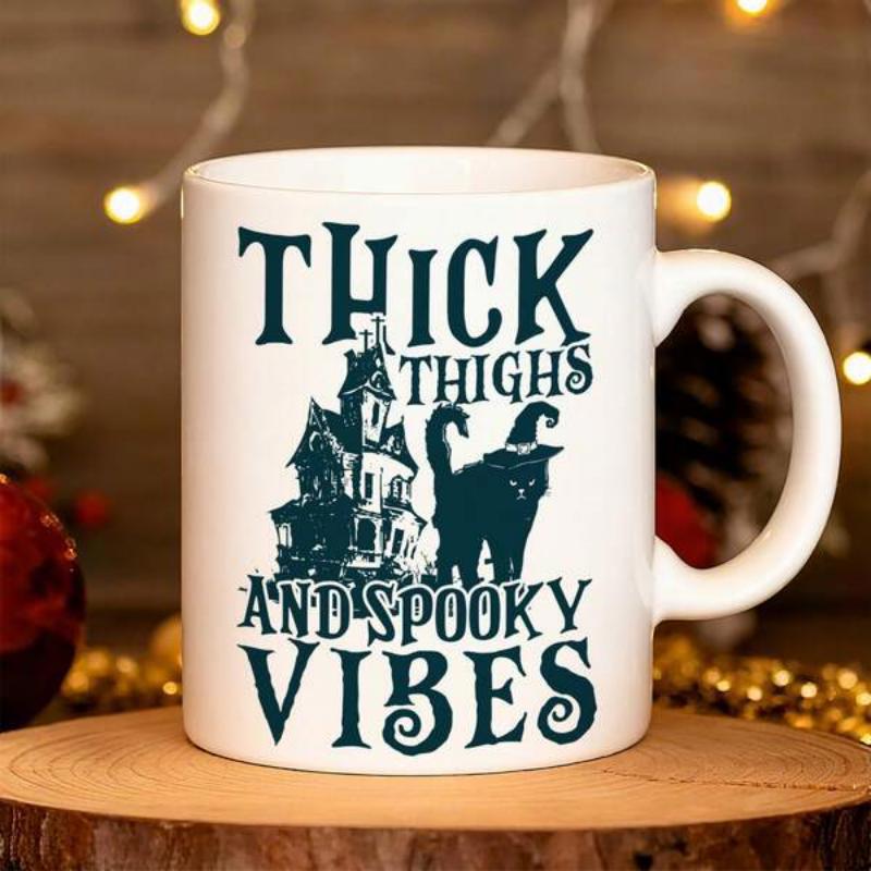 Tailorly White Ceramic 11 oz Mug - Thick Thighs And Spooky Vibes Spooky Haunted House Silhouette With A Witch Hat Cat Sitting Quietly Mug