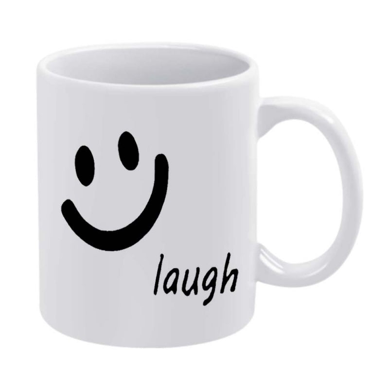 Tailorly White Ceramic 11 oz Mug - Laugh Minimalist Hand Drawn Black Smiley Face Printed On