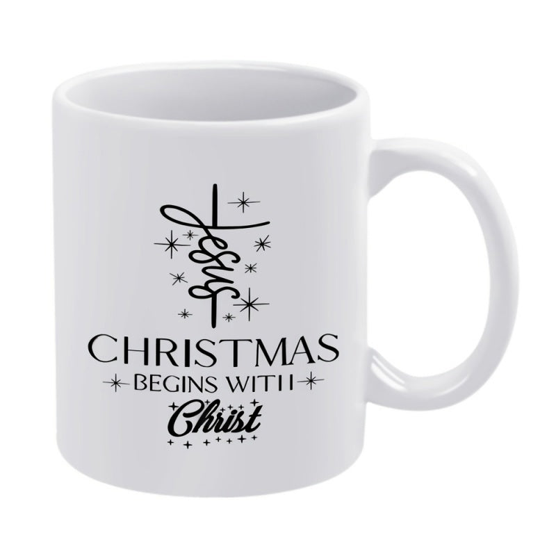 Tailorly White Ceramic 11 oz Mug - Jesus Christmas Begins With Christ Minimalist Black Ink Style Featuring Twinkling Stars And Elegant Religious Calligraphy Cross