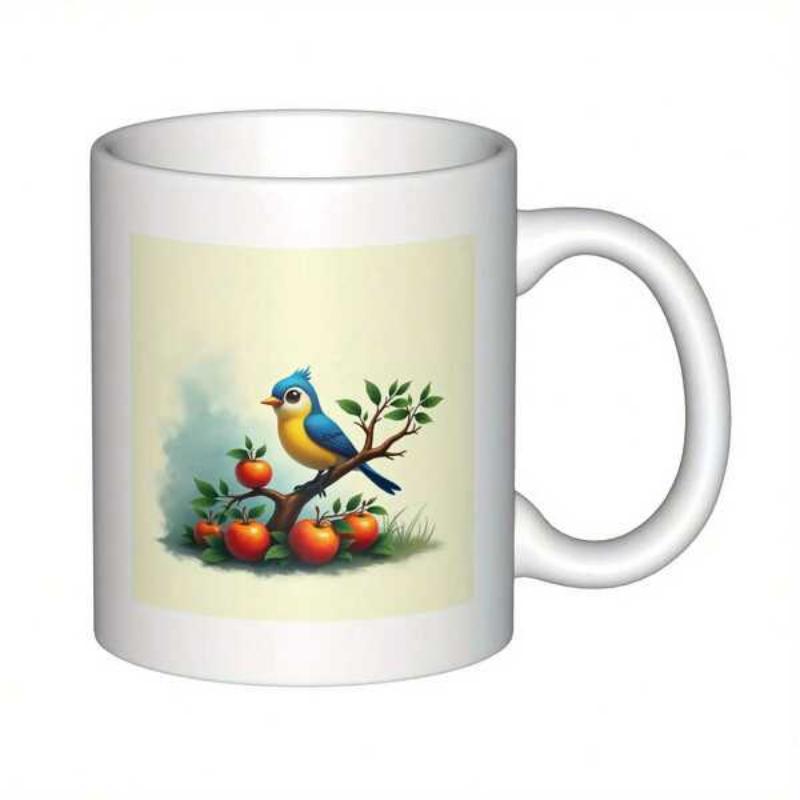 Tailorly White Ceramic 11 oz Mug - Blue Songbird Perching On A Leafy Branch Above Ripe Red Apples Bird