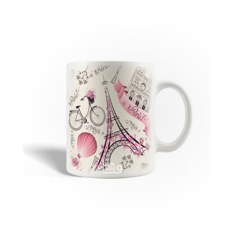 Tailorly White Ceramic 11 oz Mug - Paris Artistic Pink Sketch Landmarks Featuring Bicycle Flowers And Hot Air Balloon Tower