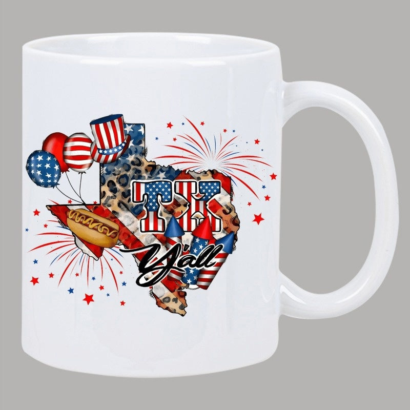 Tailorly White Ceramic 11 oz Mug - Hi Yall Patriotic Leopard Print Pattern With Fireworks Balloons And Rocket Launchers Texas Map