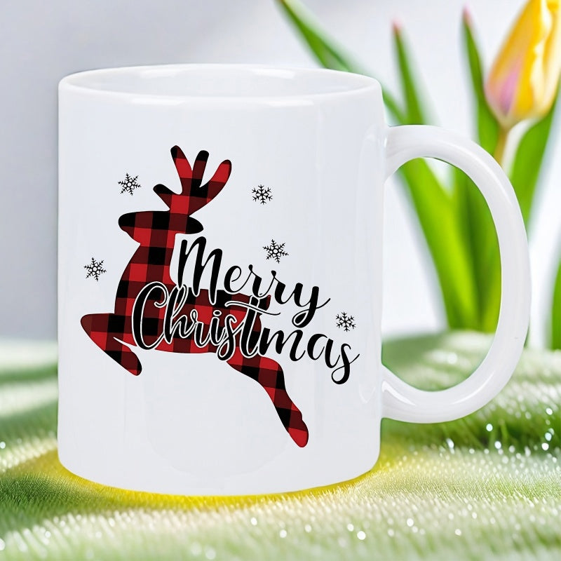 Tailorly White Ceramic 11 oz Mug - Merry Christmas Red And Black Plaid Patterned Silhouette Jumping Through Snowflakes Reindeer