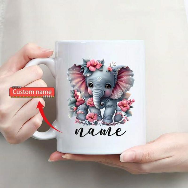 Tailorly White Ceramic 11 oz Mug - Name Adorable Baby Elephant Surrounded By Pink Flowers In Soft Watercolor Elephant