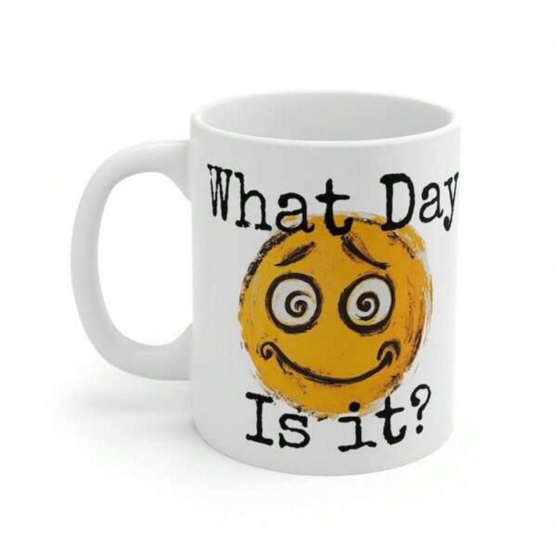 Tailorly White Ceramic 11 oz Mug - What Day Is It Hand Drawn Confused Yellow Emoji With Dizzy Eyes Sketch Style Face
