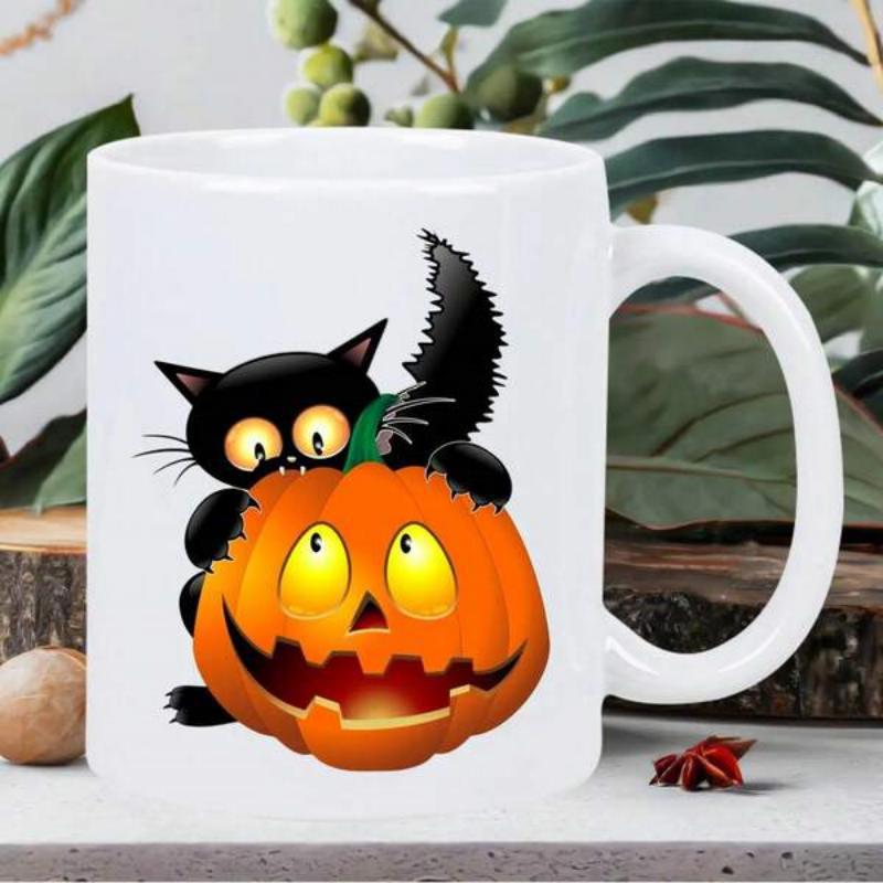Tailorly White Ceramic 11 oz Mug - Adorable Black Cat Peeking Over A Glowing Carved Festive Halloween Pumpkin