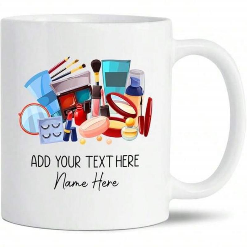Tailorly White Ceramic 11 oz Mug - Add Your Text Here Name Here Colorful Assorted Makeup Products With Brushes And Lipsticks In Stylish Collection Cosmetics