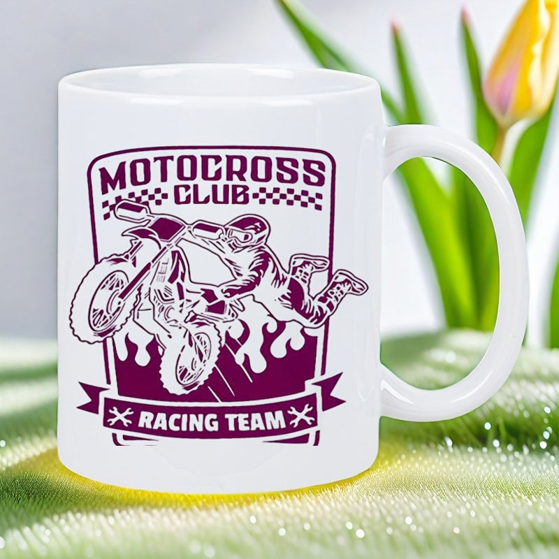 Tailorly White Ceramic 11 oz Mug - Motocross Club Racing Team Professional Rider Performing High Jump Above Stylized Flames Motocross