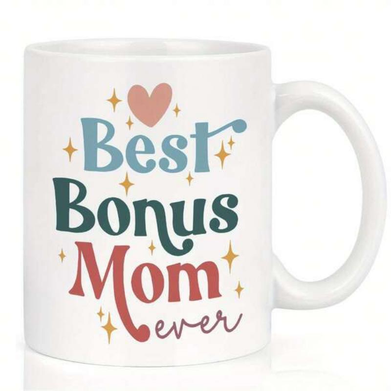 Tailorly White Ceramic 11 oz Mug - Best Bonus Mom Ever Shimmering Golden Stars Floating Around Colorful Retro Artistic Typography Heart