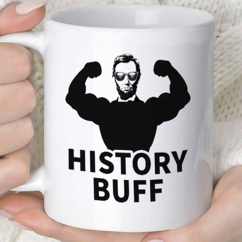 Tailorly White Ceramic 11 oz Mug - History Buff Strong Muscular Bodybuilding Portrait Wearing Sunglasses And Flexing Arms Lincoln