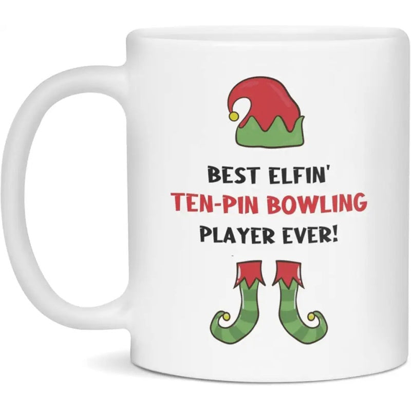 Tailorly White Ceramic 11 oz Mug - Best Elfin Ten Pin Bowling Player Ever Festive Red Elf Hat And Striped Green Boots Bowling Player