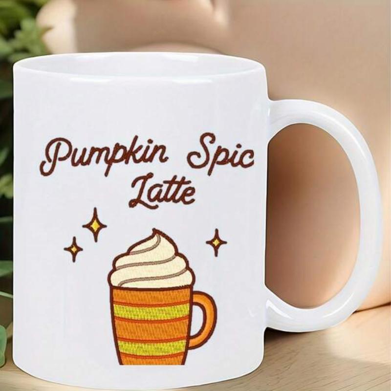 Tailorly White Ceramic 11 oz Mug - Pumpkin Spic Latte Warm Cup With Whipped Cream And Twinkling Stars Pattern Latte
