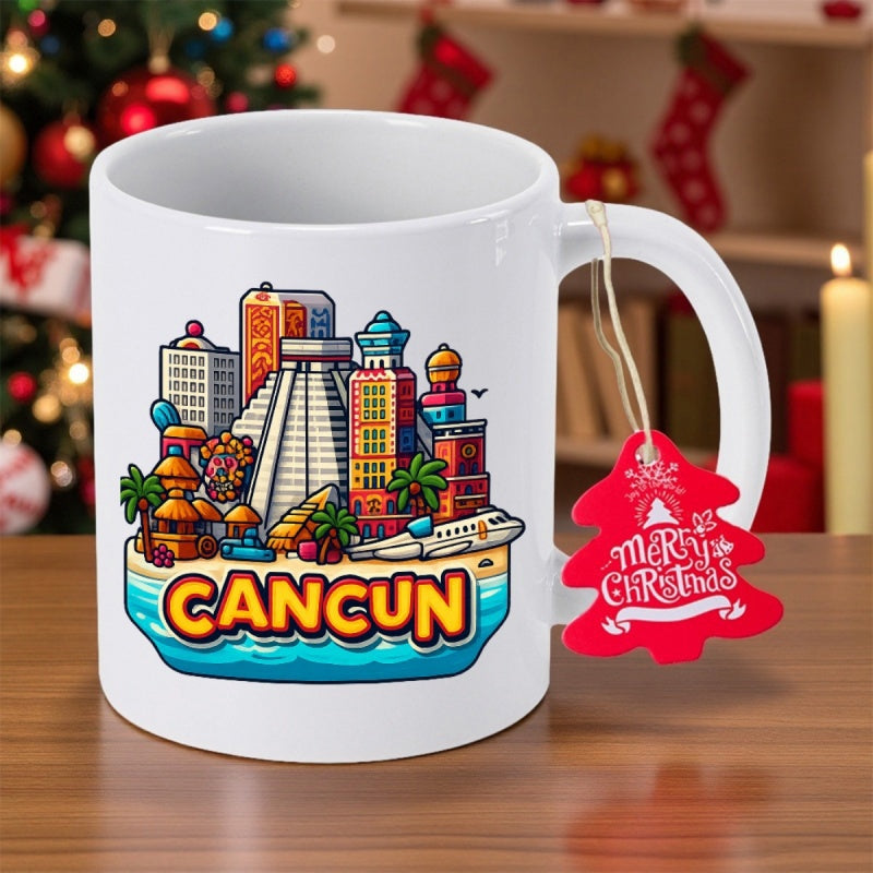 Tailorly White Ceramic 11 oz Mug - Cancun Vibrant Cartoonish Mexican Landmarks Resting Above Serene Tropical Blue Water Cityscape