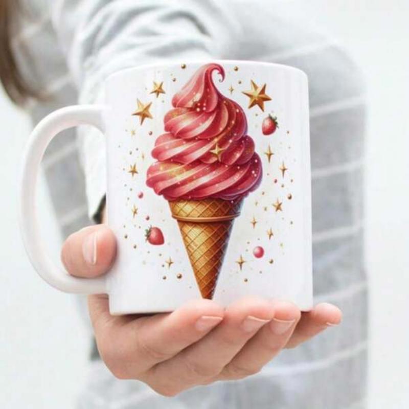 Tailorly White Ceramic 11 oz Mug - Delicious Swirl Ice Cream With Golden Stars And Sweet Red Strawberries Floating Ice Cream Cone