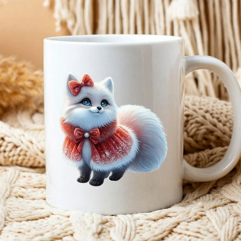 Tailorly White Ceramic 11 oz Mug - Adorable Fluffy White Creature Wearing Red Bows And A Cozy Winter Cape Fox