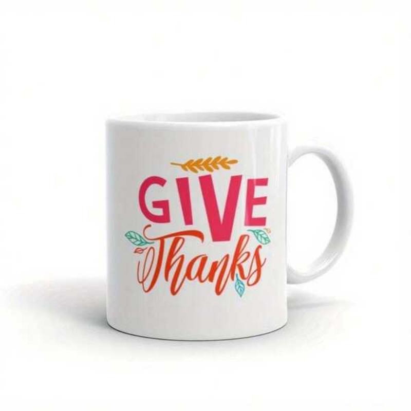 Tailorly White Ceramic 11 oz Mug - Give Thanks Golden Wheat Stalk Above Text With Elegant Blue Leaves Decorating A Mug