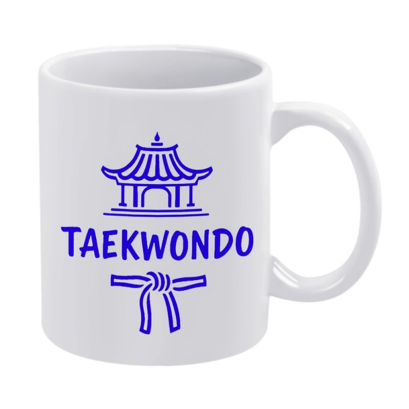 Tailorly White Ceramic 11 oz Mug - Taekwondo Traditional Blue Korean Temple Symbol Above Martial Arts Belt Mug