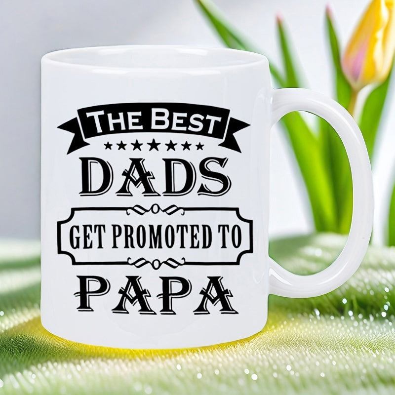 Tailorly White Ceramic 11 oz Mug - The Best Dads Get Promoted To Papa Vintage Style Typography With Decorative Stars And Banner Over Elegant Frames Mug