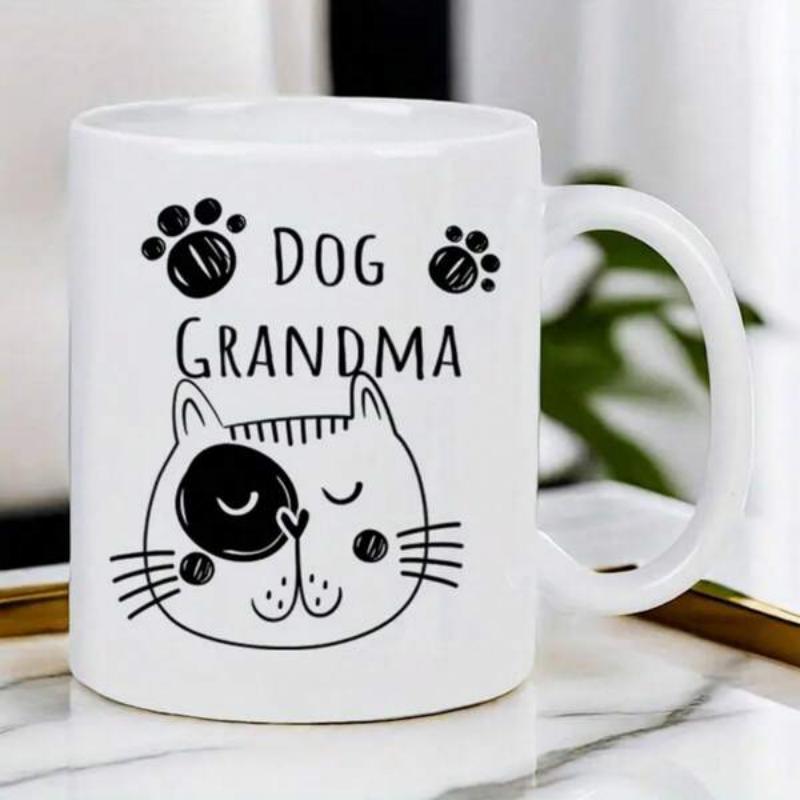Tailorly White Ceramic 11 oz Mug - Dog Grandma Minimalist Hand Drawn Feline Head With Playful Little Black Paw Prints Cat