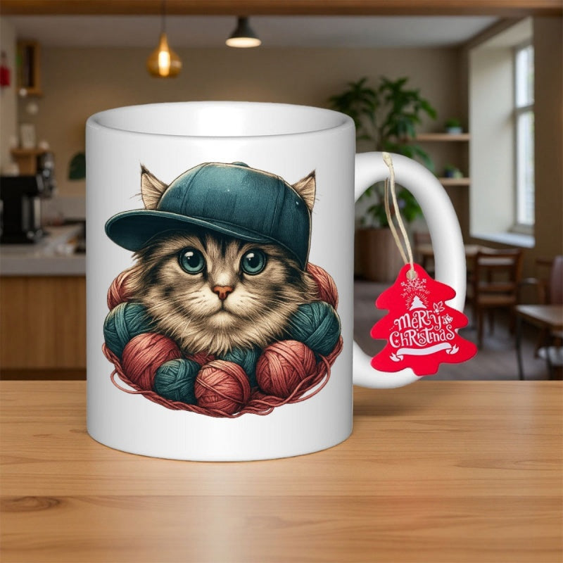 Tailorly White Ceramic 11 oz Mug - Adorable Fluffy Feline Wearing Teal Baseball Cap Surrounded By Soft Yarn Balls Cat