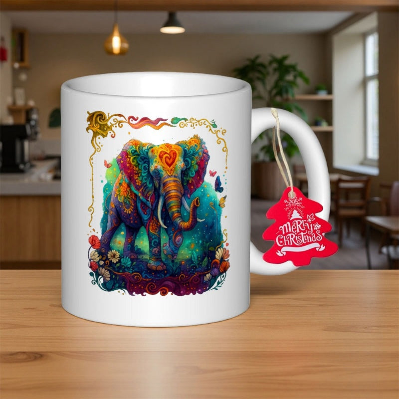 Tailorly White Ceramic 11 oz Mug - Vibrant Colorful Artistic Pattern Within A Mystical Forest Elephant
