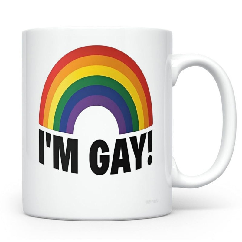 Tailorly White Ceramic 11 oz Mug - Im Gay Colorful Arched Pride Symbol Shining Over Bold Black Text Style Rainbow
