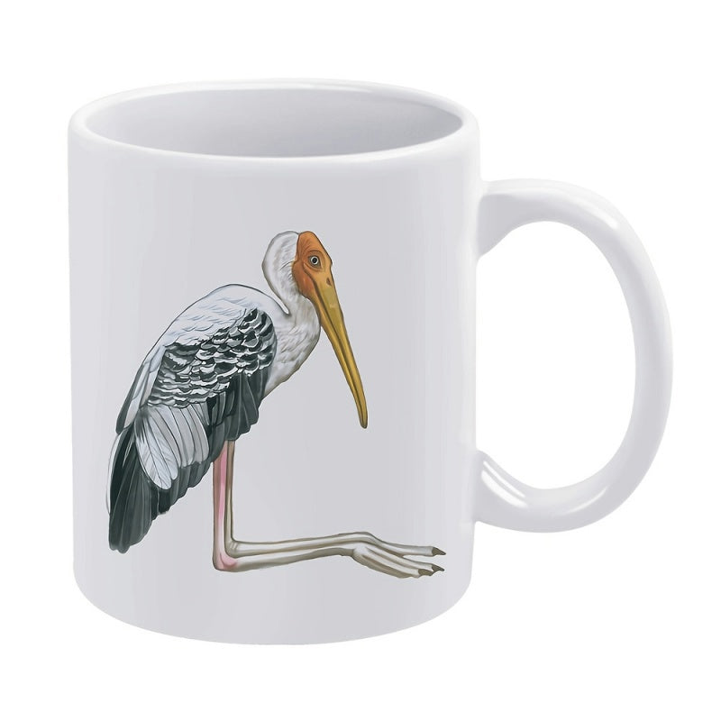Tailorly White Ceramic 11 oz Mug - Scientific Illustration Style Of A Majestic Long Legged Tropical Wading Bird Stork
