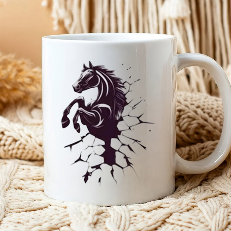 Tailorly White Ceramic 11 oz Mug - Powerful Black Rearing Stallion Bursting Through A Cracked White Stone Wall Horse