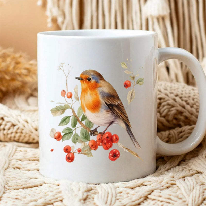 Tailorly White Ceramic 11 oz Mug - Elegant Red Breasted Bird Perched On A Branch With Winter Berries Robin